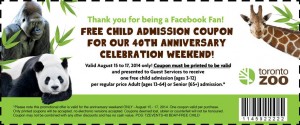 Toronto Zoo 41周年庆，8月15日-17日12岁以下凭优惠券免票入场