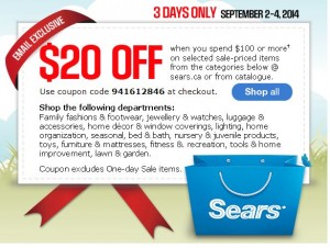 Sears 9月2日-4日指定类别产品满100元优惠20元