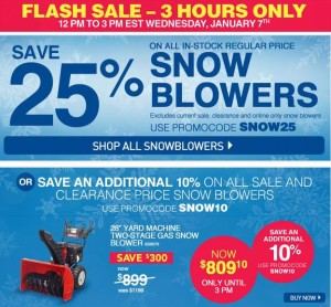 Lowe's铲雪机今日12点至3点3小时特卖，特卖品再打9折，其余全部7.5折