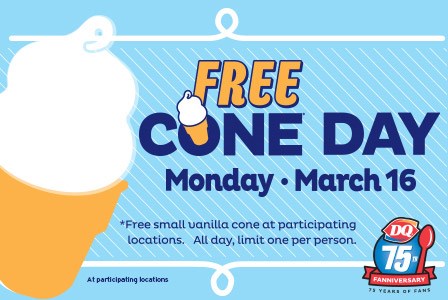 Dairy Queen 75周年庆，今日（3月16日）每人送一支免费香草味小甜筒冰淇淋，无需购物