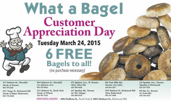 What a Bagel 3月24日答谢消费者赠送6个价值5.94元Bagel硬面包圈，无需购物！