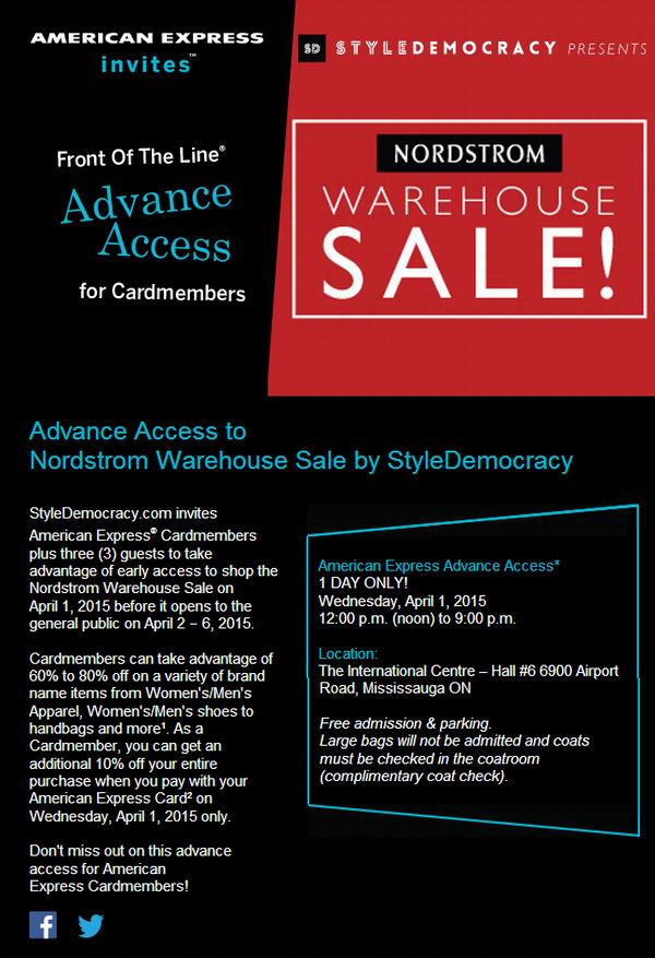 本周三中午12点Nordstrom Warehouse Sale特卖会American Express信用卡加拿大客户专场，凭卡入内，全场2-4折，再打9折