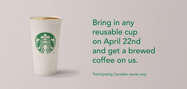 本周三（4月22日）带上任何非一次性杯子到星巴克Starbucks免费喝咖啡