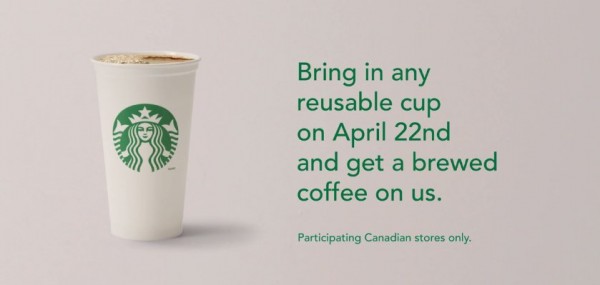 本周三（4月22日）带上任何非一次性杯子到星巴克Starbucks免费喝咖啡