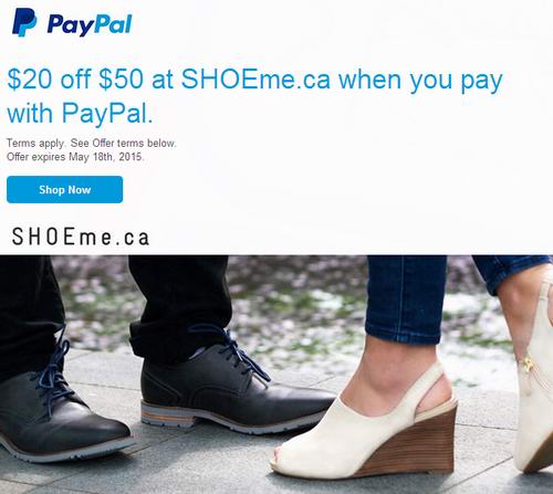 ShoeMe网购额外8折，使用Paypal付款满50元再优惠20元