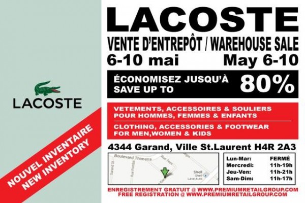 Lacoste & Lole Warehouse Sale Montreal特卖会，全场2折起，仅限5月6日-10日