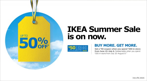 Ikea 6月15日-7月6日夏季特卖5折起（实际为1.5折起），满200元送50元优惠券