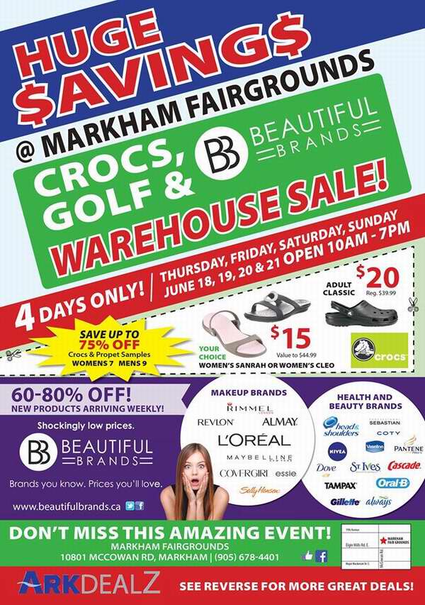 Beautiful Brands Cosmetic Sale / Crocs & Golf Sale 特卖会，化妆品、保健品、日用品、鳄鱼鞋、高尔夫球具等2-4折清仓，仅限6月18日-21日