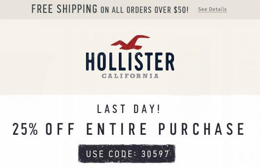 Hollister清仓区服饰2.5折起，全站额外7.5折