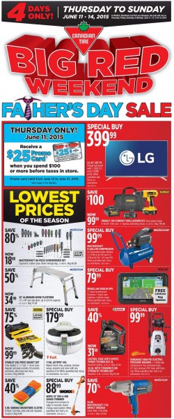 Canadian Tire Big Red Weekend 6月11日-14日父亲节特卖2折起，6月11日满100元送25元礼金卡