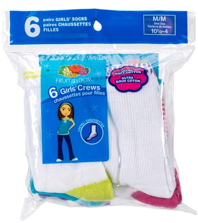 Fruit of the Loom Girls 6 Pack Crew Medium Assorted女童袜，适合11-4号女童