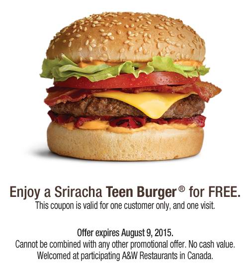 A & W提供免费Sriracha Teen Burger汉堡包