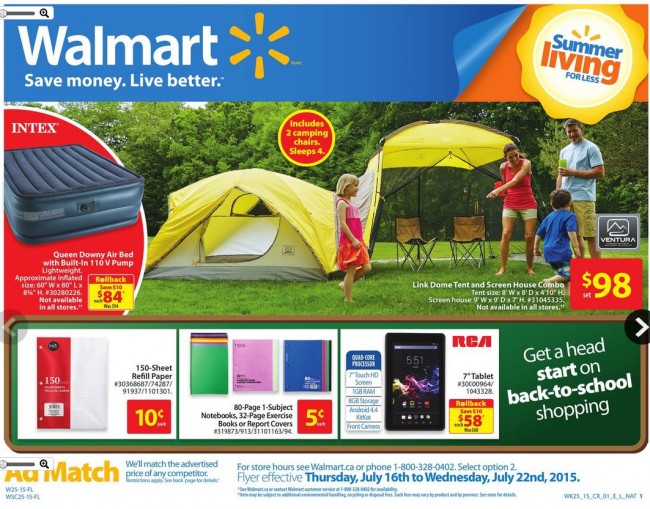 Walmart超市本周（2015.7.16-2015.7.22）打折海报，文具5分起特卖