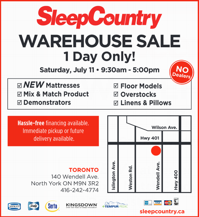 Sleep Country特卖会，多个名牌床垫床单枕头等特价清仓，多伦多7月11日，Cobourg及London 7月18日，仅售一天！