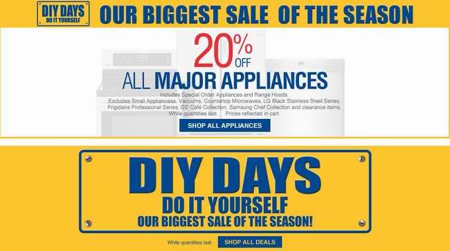 Lowe's DIY Days特卖活动，大家电全部8折，全站指定类别产品全面6-9折特卖