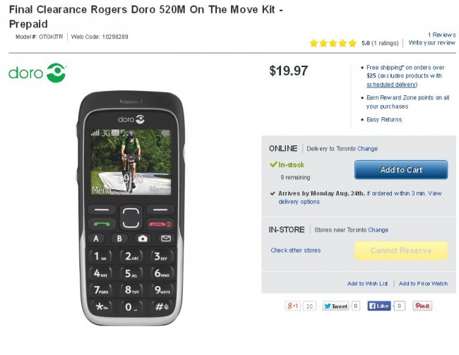 Rogers Doro 520M On The Move Kit - Prepaid 预付费手机19.97元清仓，送50元预付话费