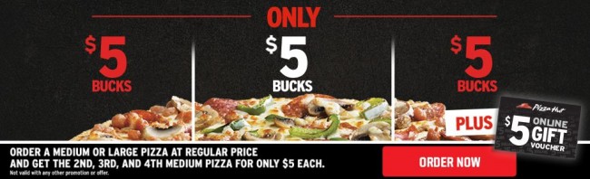 Pizza Hut大号pizza网购10元特卖，原价购买大号或中号pizza，再买3个以内中号pizza每个5元并送5元消费券