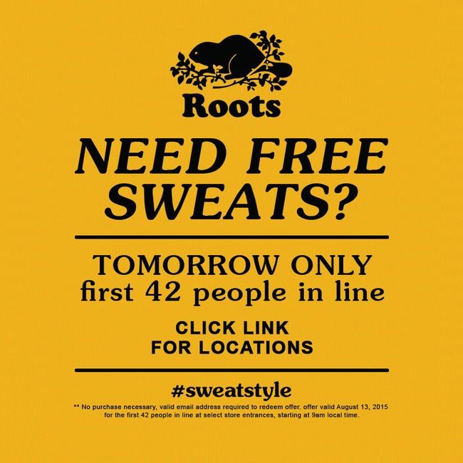 8月13日早上9点，到Roots门店领取免费运动裤！
