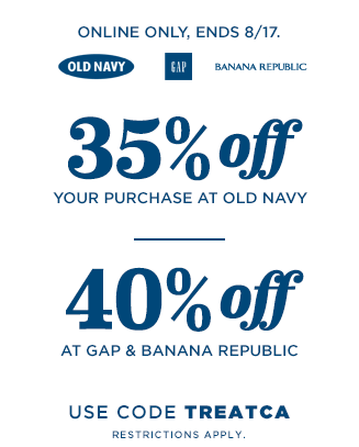 Banana Republic、GAP网购额外6折，Old Navy额外6.5折，8月17日前有效! Old Navy今日店内指定款9.5元背心仅售2元！
