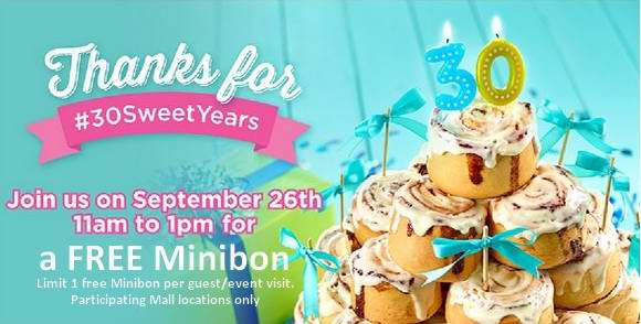 Cinnabon 30周年庆本周六（9月26日）上午11点-下午1点可免费品尝Minibon肉桂卷