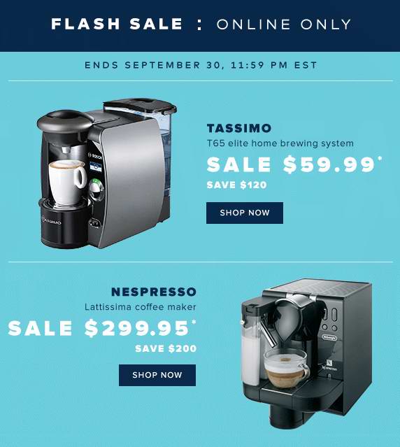 Tassimo T65 及 Nespresso Lattissima Coffee Makers 多款咖啡机3.3折起特卖