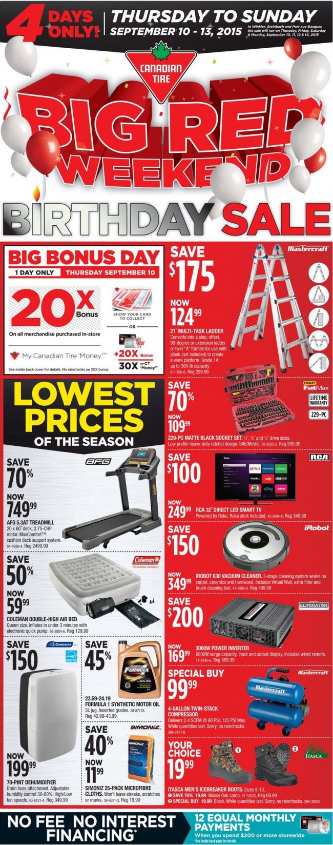 今日开卖！Canadian Tire Big Red Weekend 9月10日-13日周年庆特卖，9月10日购物送20或30倍积分