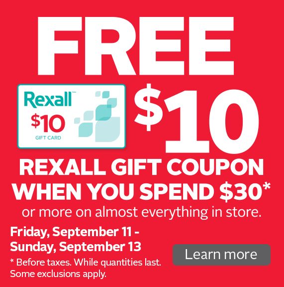 Rexall药妆店9月11日-13日满30元送10元礼品卡