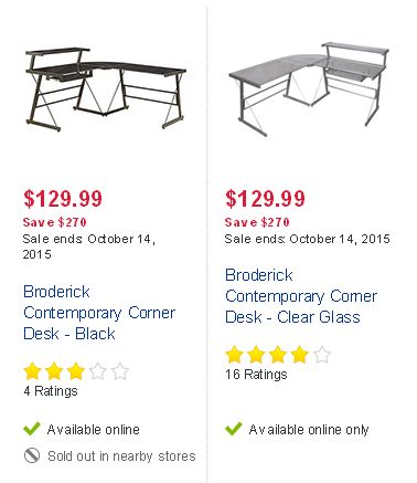 两款Broderick Contemporary Corner Desk玻璃面电脑桌3.25折特卖