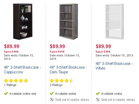 48" 3-Shelf Bookcase 书架3.2折特卖，3色可选