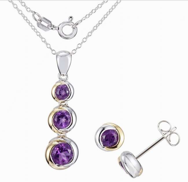 Tradition®/MD Sterling silver purple cz graduated stone pendant & stud earring set 925银制项链耳环套装2折清仓再减10元！