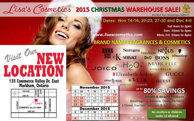 Lisas Cosmetics 2015 Christmas Warehouse Sale化妆品圣诞特卖会，各大品牌化妆品、护肤品、香水、保健品等2折起！（11月14日-12月6日）