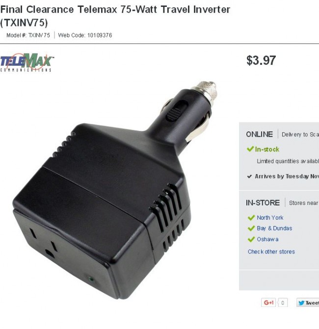 Telemax 75-Watt Travel Inverter (TXINV75)车载电源变压器，转120V交流电75W变压器3.97元清仓