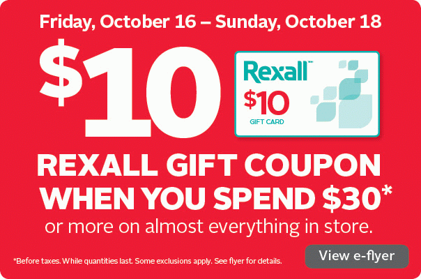 Rexall药妆店10月16日-18日满30元送10元礼品卡