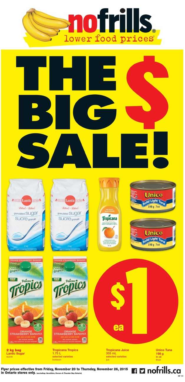 No Frills超市本周（2015.11.20-2015.11.20）打折海报，Big Sale 海报商品全部1-3元！