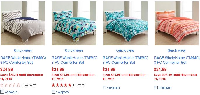 4款BASE WholeHome (TM/MC) 3 PC Comforter Set 被子枕套三件套只需14.99元！