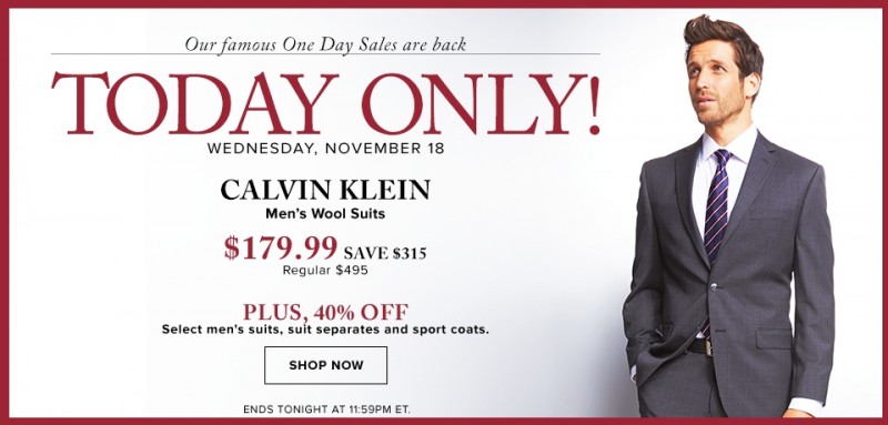 The Bay 今日限时白菜价抢购！Calvin Klein 20款原价495元100%纯羊毛西服套装仅售179.99元！指定款西裤3折清仓，其他款西服、西裤全部6折！