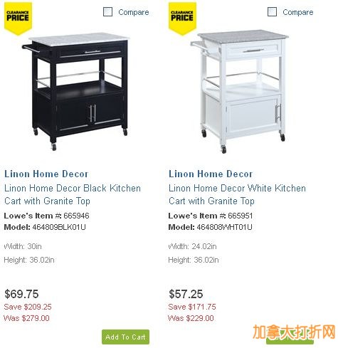 Linon Home Decor两款厨房推车，花岗石台面2.5折57.25元-69.75元清仓，再立减10元！