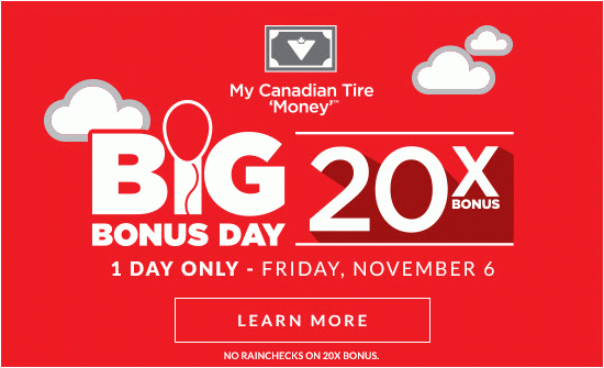 Canadian Tire 今日（11月6日）店内购物送20X积分，若使用轮胎店Options信用卡结账送30X积分，相当于返款12%