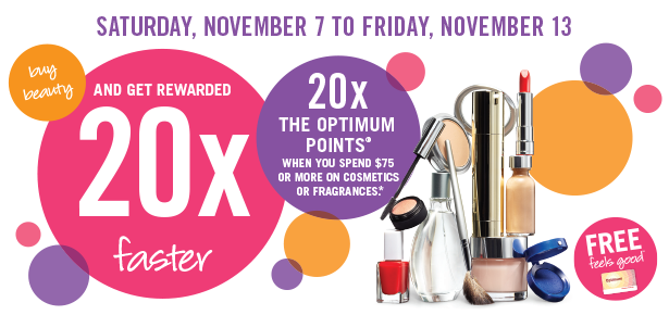 Shoppers Drug Mart 11月7日-13日持积分卡购买化妆品护肤品香水满75元送20倍积分（相当于7.5折）