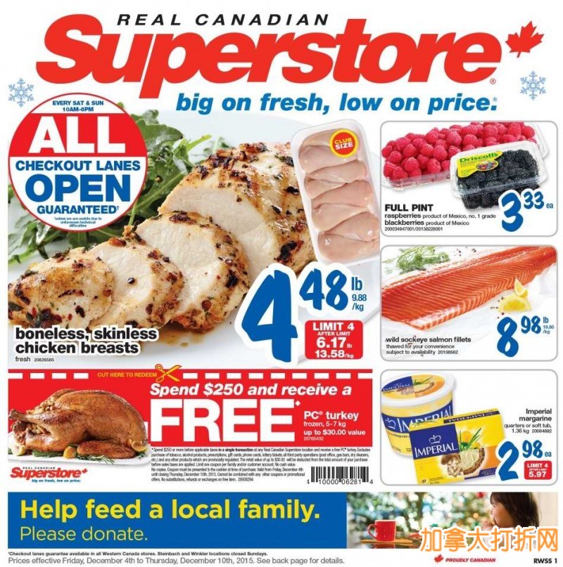 Superstore超市本周（2015.12.4-2015.12.10）打折海报，冷冻雪蟹腿8.98元/磅