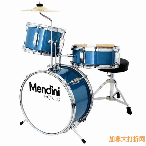 适合初学者，Mendini 3件套13寸MJDS-1-BL 蓝色爵士架子鼓119.99元特卖！