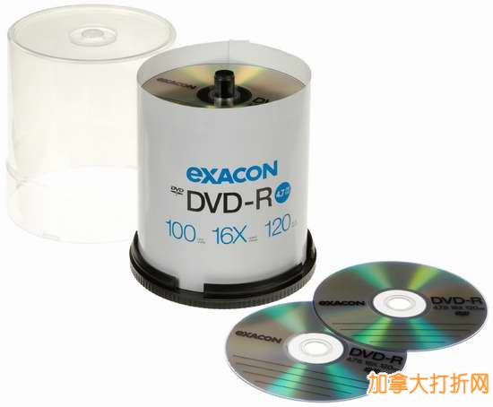 Exacon 4.7GB 16x DVD-R 100片桶装刻录光盘15.99元特卖！