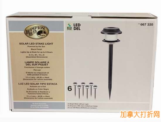 Hampton Bay Solar LED Stake Light 太阳能庭院照明灯6只装9.99元特卖并包邮