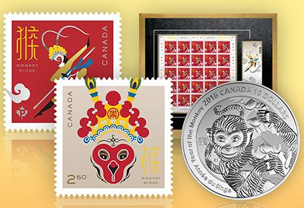  加拿大邮政推出22款猴年邮票、小型张、纪念封、限量版裱框邮票1.85元起销售