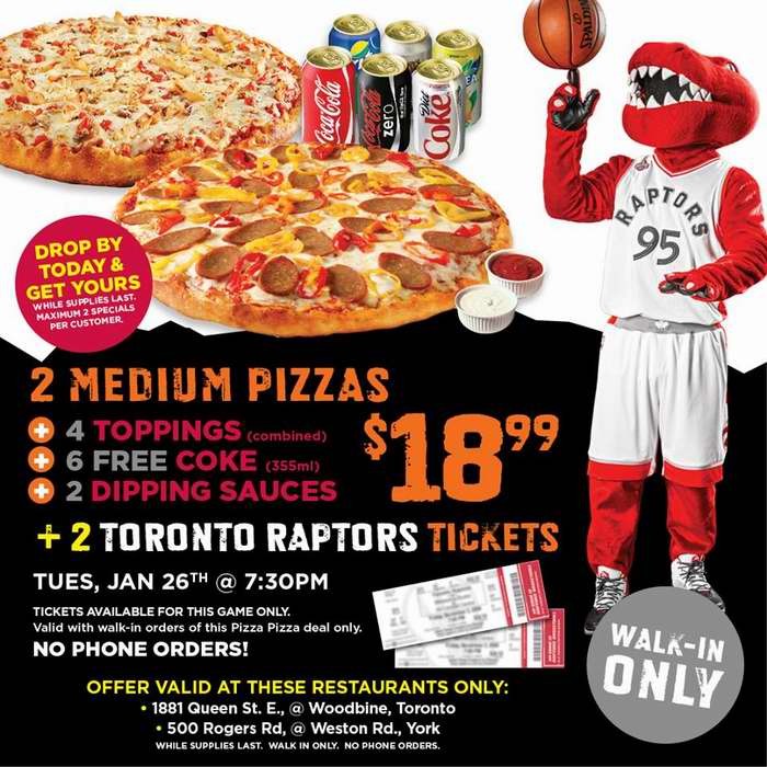  NBA球迷赶快行动！Pizza Pizza两处店内今日购买两个中号披萨套餐就送1月26日多伦多猛龙队 vs 华盛顿奇才队门票两张！