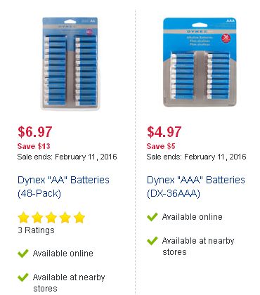  Dynex AA (48-Pack) & AAA (36-Pack)电池套装4.97-6.97元清仓！