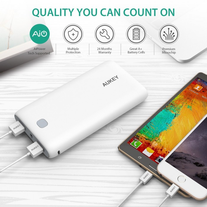  Aukey 20000mAh 双口便携式快速充电移动电源充电宝29.99元，原价69.99元，包邮！仅限今日！