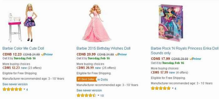 Amazon精选3款 Barbie 芭比玩偶4.9折起限时特卖！
