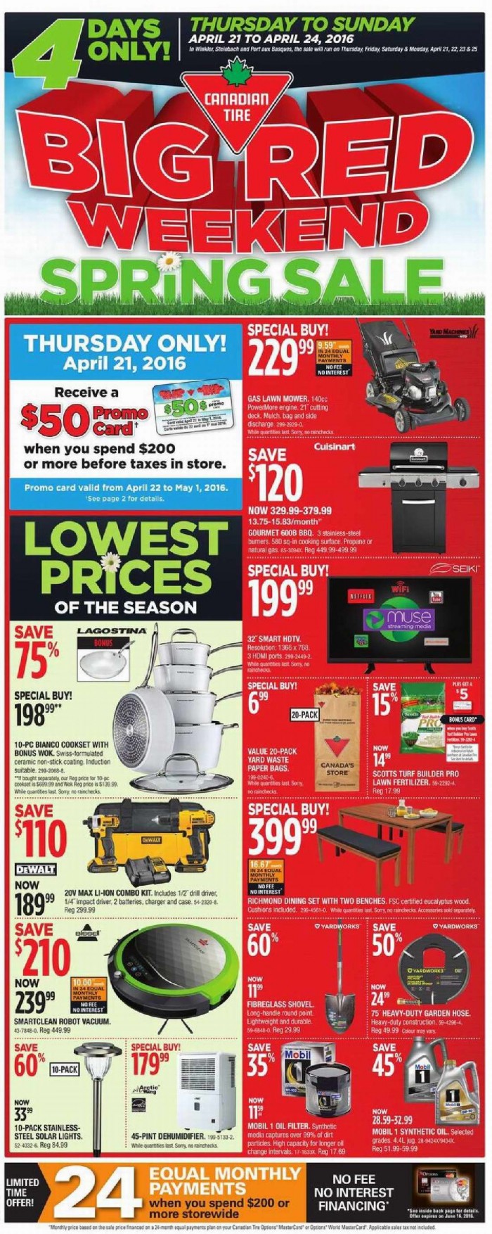  Canadian Tire Big Red春季特卖，今日内店内购物满200元送50元礼品卡！本周（2016.4.22-2016.4.28）打折海报