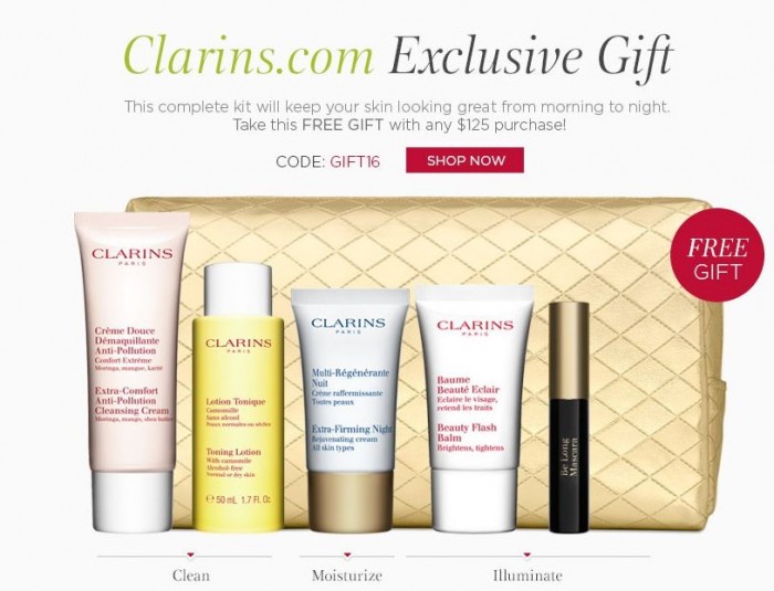  Clarins 娇韵诗官网促销，购物满125元免费赠送6件大礼包并包邮！